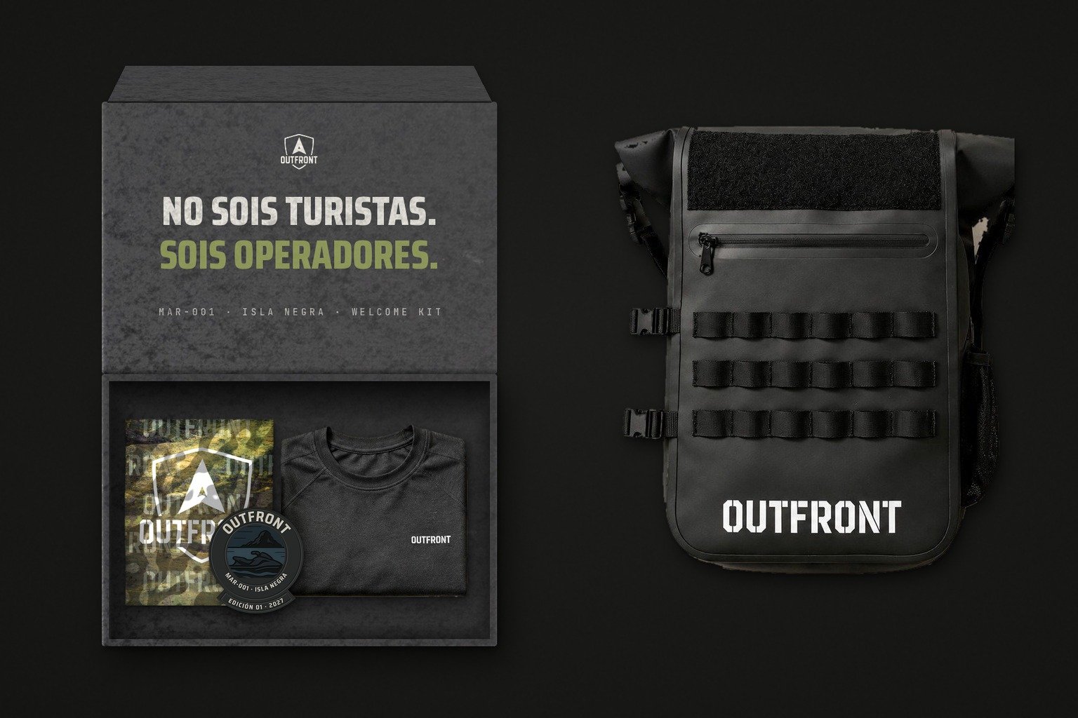 Welcome Kit OUTFRONT: caja abierta con camiseta, tubular camuflaje y parche MAR-001, y mochila Field Pack